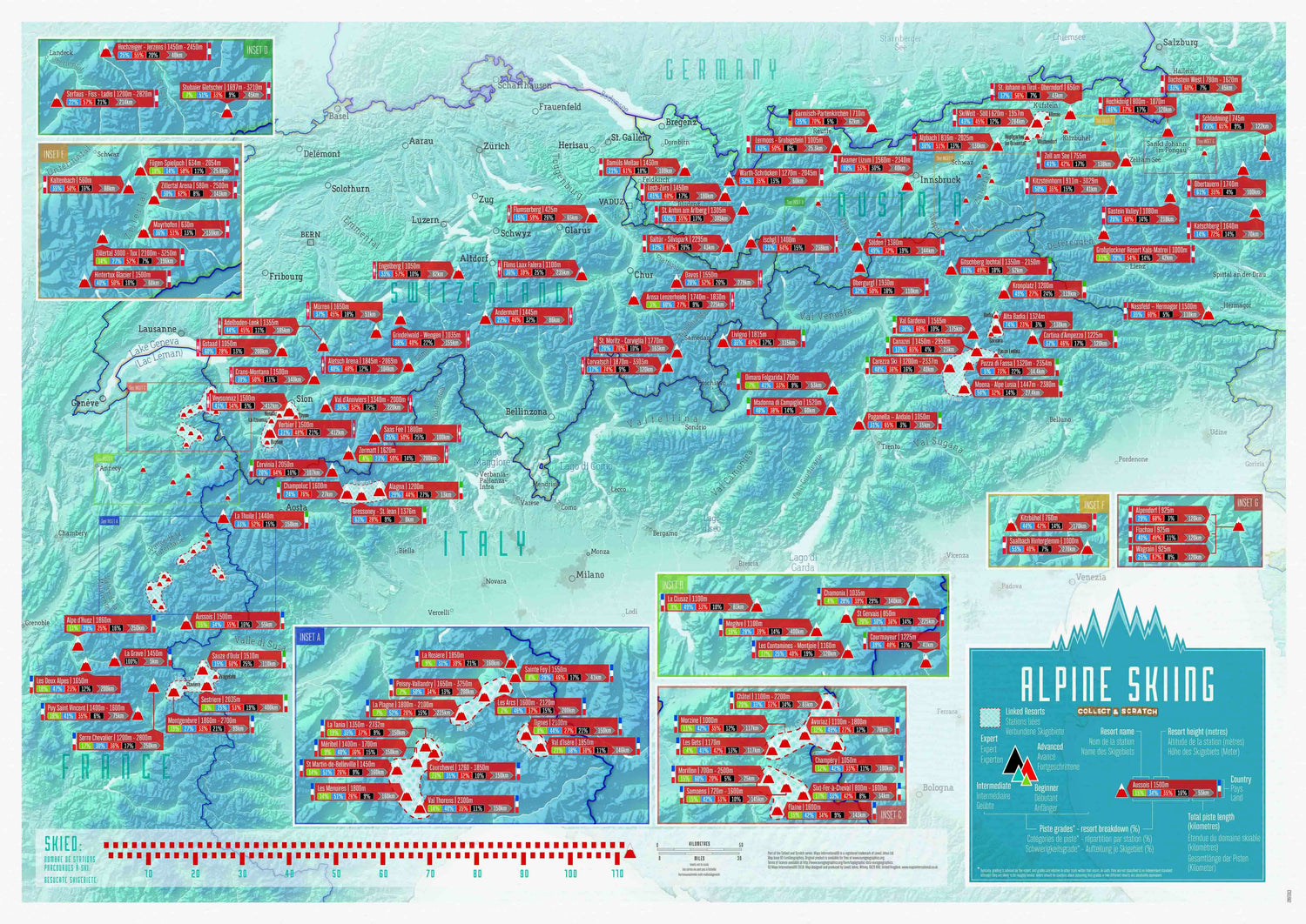 Carte murale à gratter (en anglais) - Les stations de ski des Alpes - 69 x 42 cm | Maps International carte murale roulée (en tube) Maps International