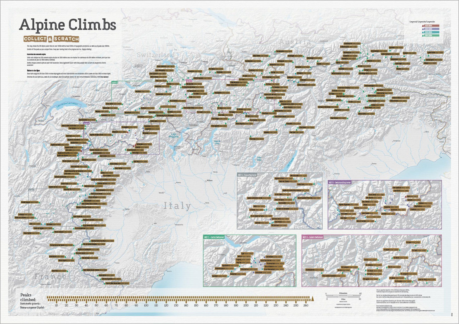 Carte murale à gratter - Sommets des Alpes - 265 pics de plus de 3000 m - en anglais - 84 x 60 cm | Maps International carte murale roulée (en tube) Maps International