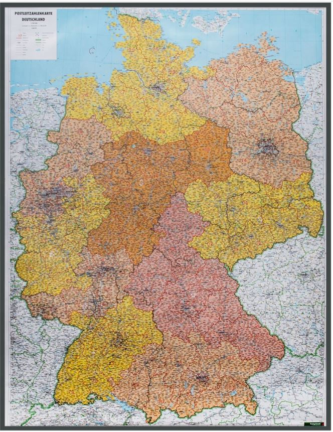 Carte murale - Allemagne (zones postales) - 127 x 94 cm | Freytag & Berndt carte murale roulée (en tube) Freytag & Berndt