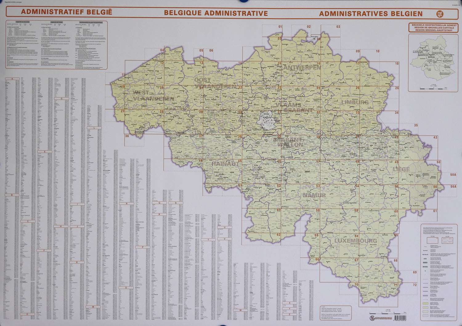 Carte murale - Belgique administrative (10 provinces) - 125 x 87 cm | NGI carte murale roulée (en tube) IGN Belgique