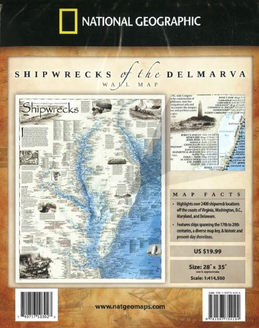 Carte murale des épaves du Delmarva, pliée | National Geographic carte routière National Geographic