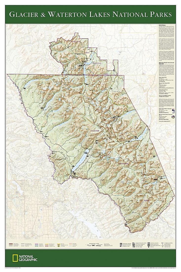 Wall map of Glacier and Waterton Lakes National Parks (Tubed) | National Geographic