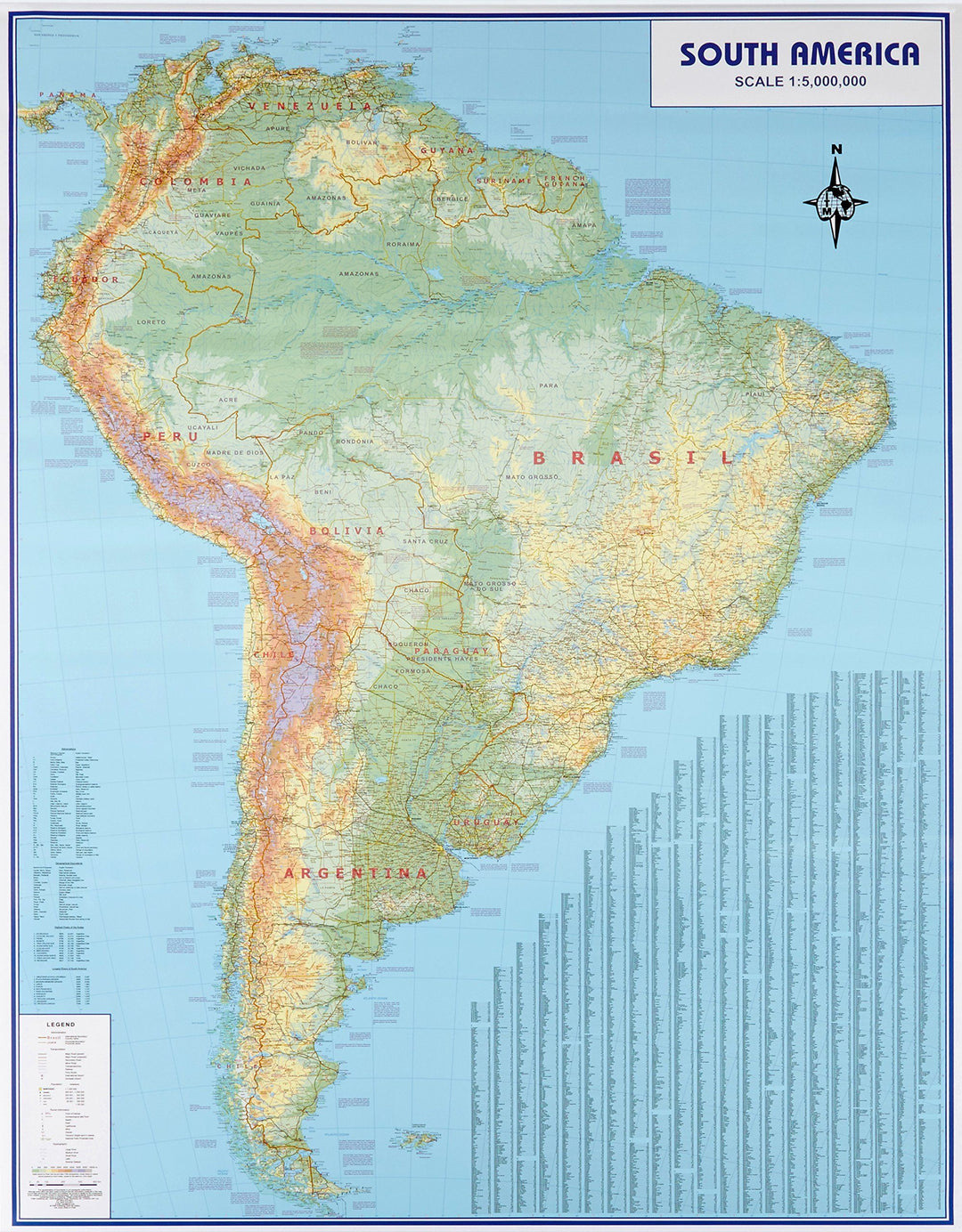 Carte murale (en anglais) - Amérique du Sud physique, avec lattes de maintien | ITM carte murale petit tube Maps International 