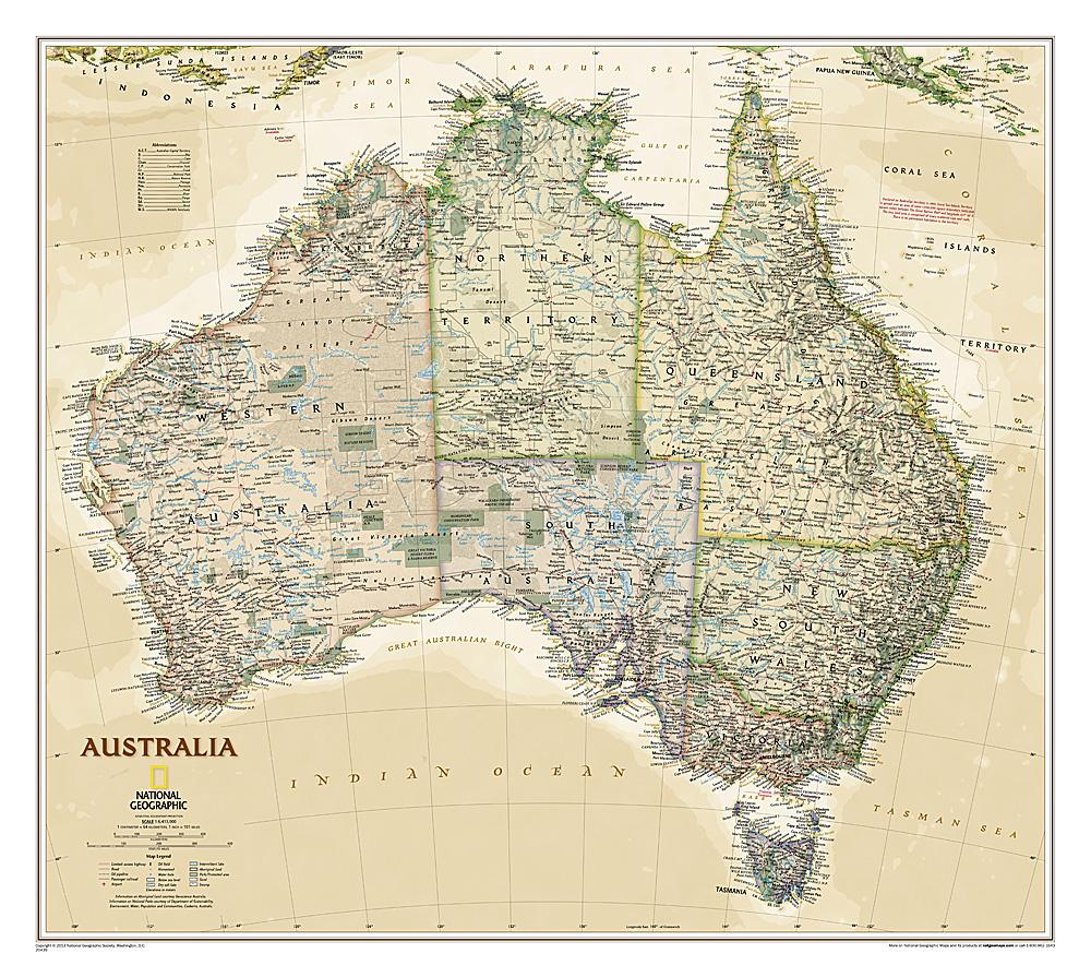 Carte murale (en anglais) - Australie politique, style antique - 60 x 77 cm | National Geographic carte murale roulée (en tube) National Geographic Plastifiée
