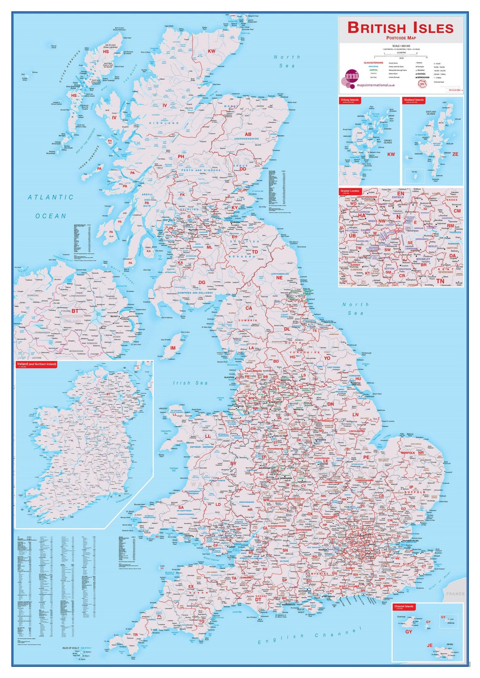 Carte murale (en anglais) - Grande Bretagne & Irlande (zones postales) - 84 x 119 cm | Maps International carte murale roulée (en tube) Maps International