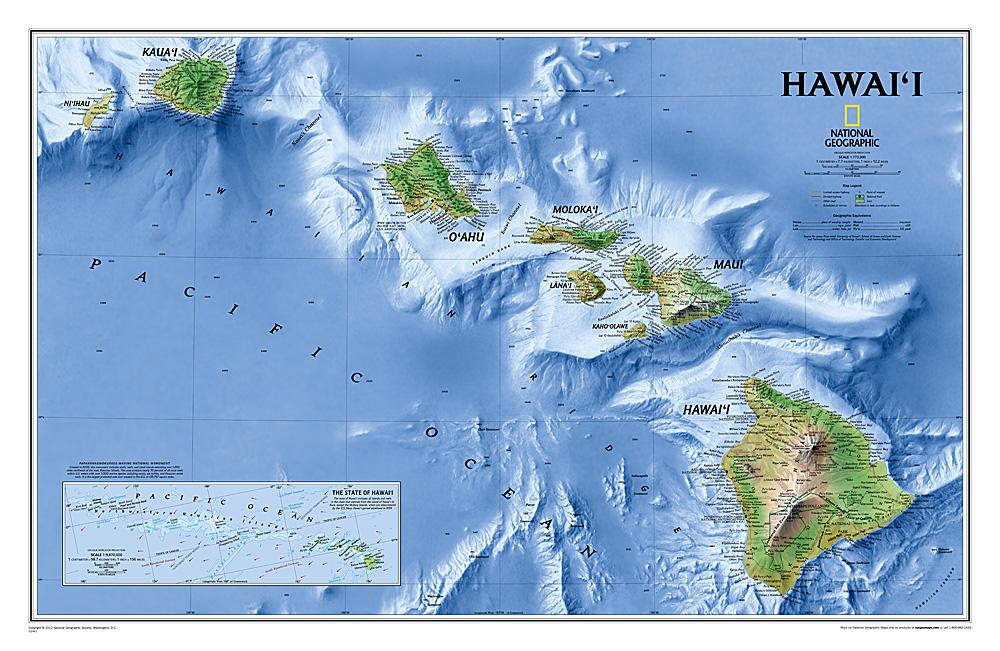 Carte murale (en anglais) - Hawaii - 88 x 58 cm | National Geographic carte murale roulée (en tube) National Geographic Plastifiée