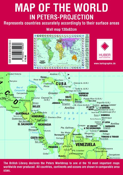 Carte murale (en anglais) - Le Monde politique, Projection de Gall-Peters (130 x 82 cm) | Huber carte murale roulée (en tube) Huber