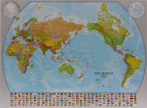 Carte murale plastifiée – Monde politique, centré sur le Pacifique (en anglais) - 136 x 100 cm | Maps International - La Compagnie des Cartes