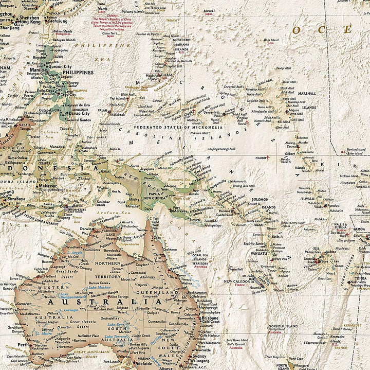 Carte murale (en anglais) - Monde politique centré sur le Pacifique, style antique - 117 x 78 cm (format standard) | National Geographic carte murale petit tube National Geographic 