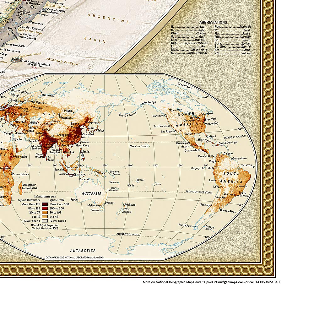 Carte murale (en anglais) - Monde politique centré sur le Pacifique, style antique - 185 x 122 cm (grand format) | National Geographic carte murale grand tube National Geographic 