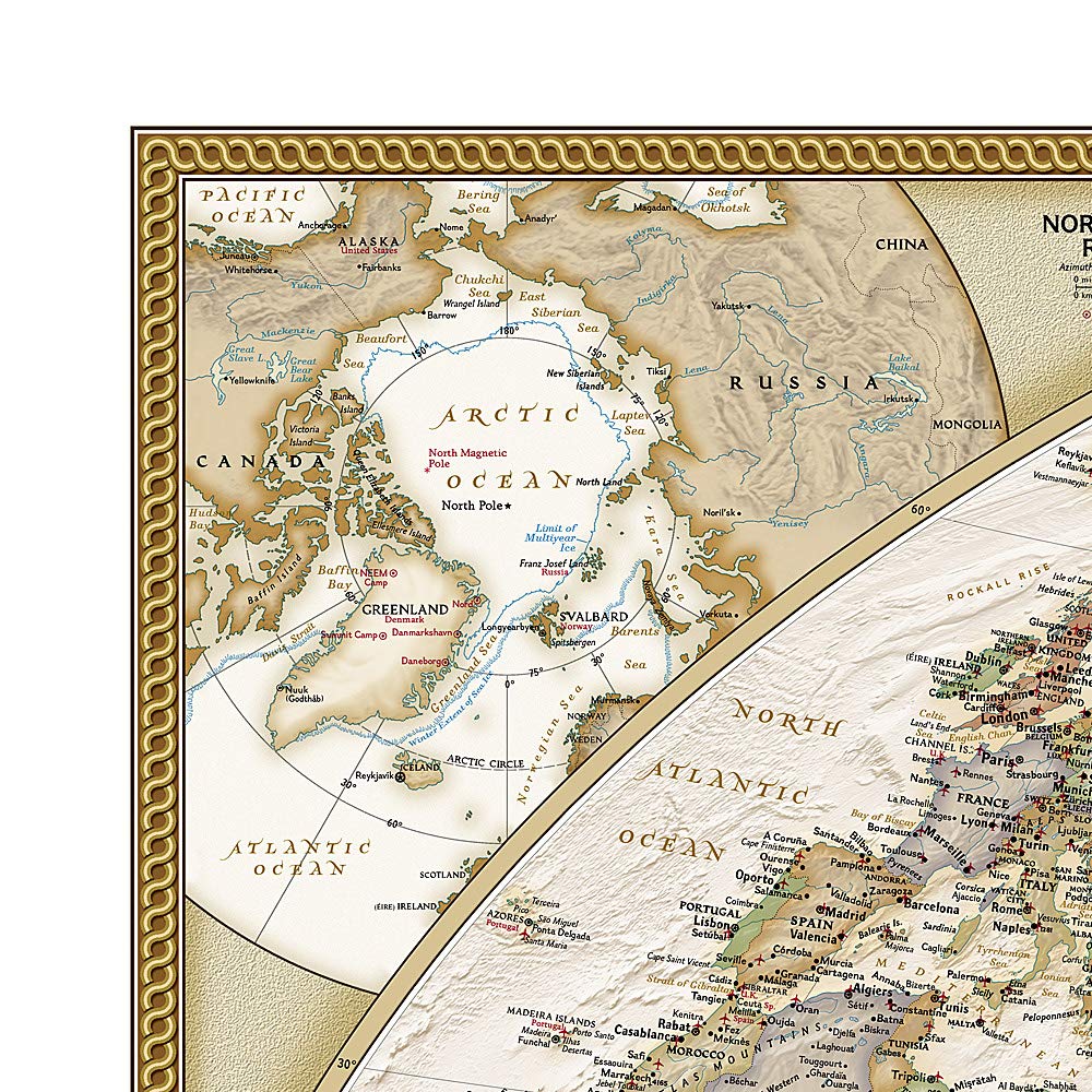 Carte murale (en anglais) - Monde politique centré sur le Pacifique, style antique - 185 x 122 cm (grand format) | National Geographic carte murale grand tube National Geographic 