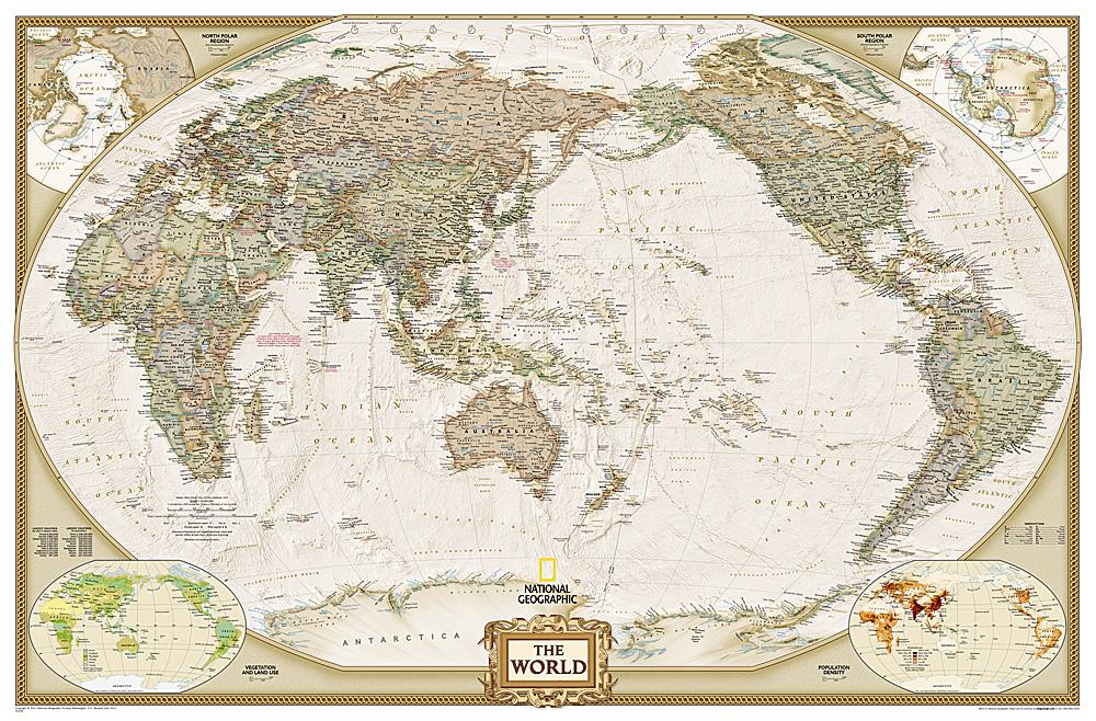 Carte murale (en anglais) - Monde politique centré sur le Pacifique, style antique - 1/22M (185 x 122 cm) | National Geographic carte murale roulée (en tube) National Geographic Plastifiée