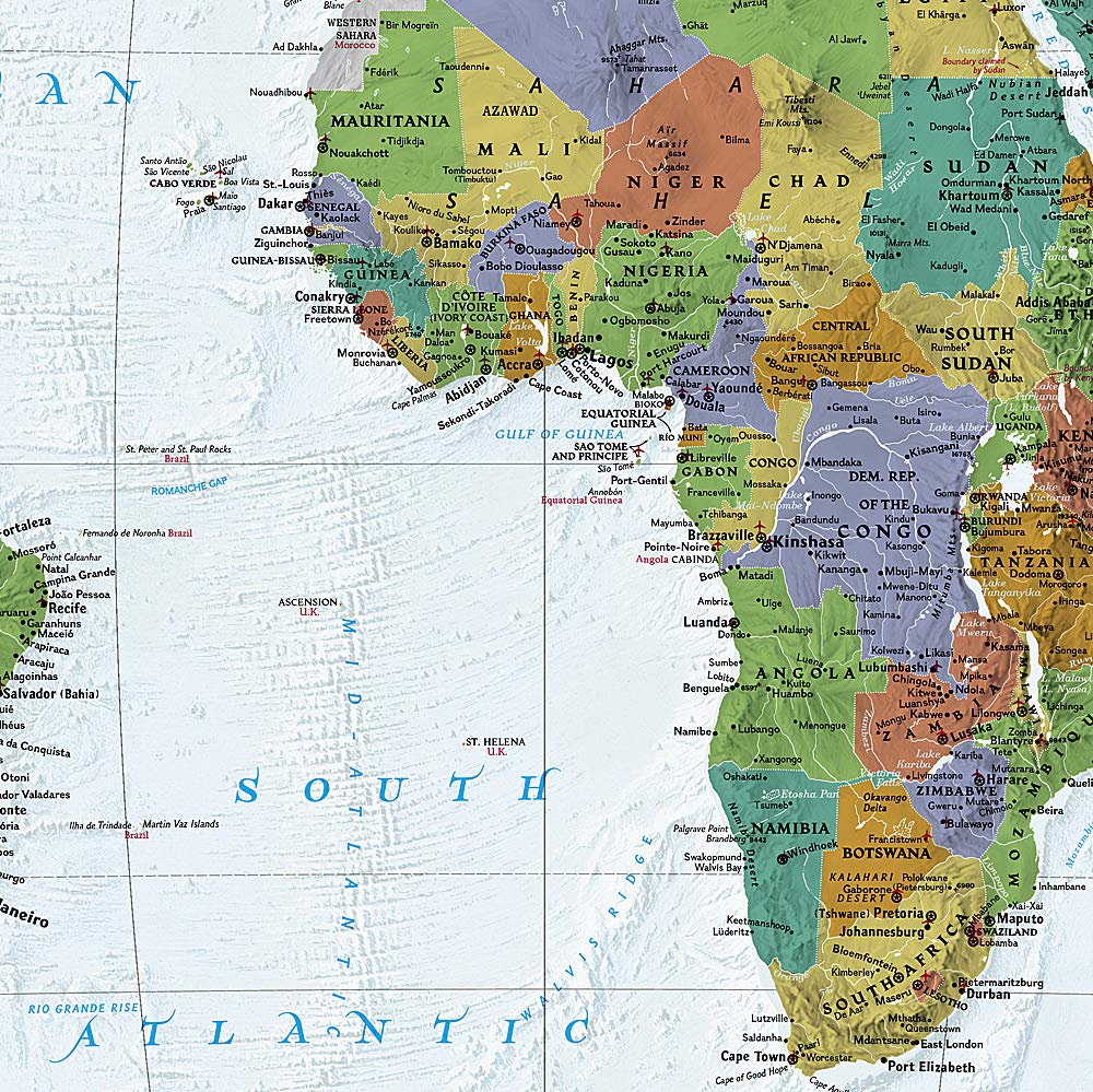 Carte murale plastifiée avec lattes de maintien en bois (en anglais) - Monde politique, style décoratif - 1/22M (186 x 122 cm) | National Geographic carte murale roulée (en tube) National Geographic