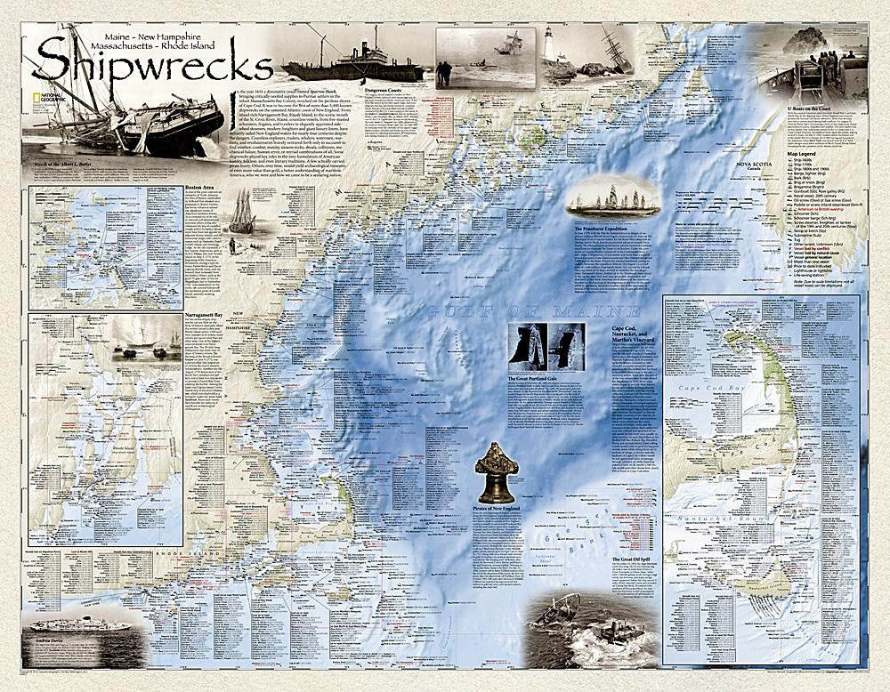 Carte murale (en anglais) - Naufrages de bateaux dans le nord-est américain - 91 x 71 cm | National Geographic carte murale roulée (en tube) National Geographic Plastifiée
