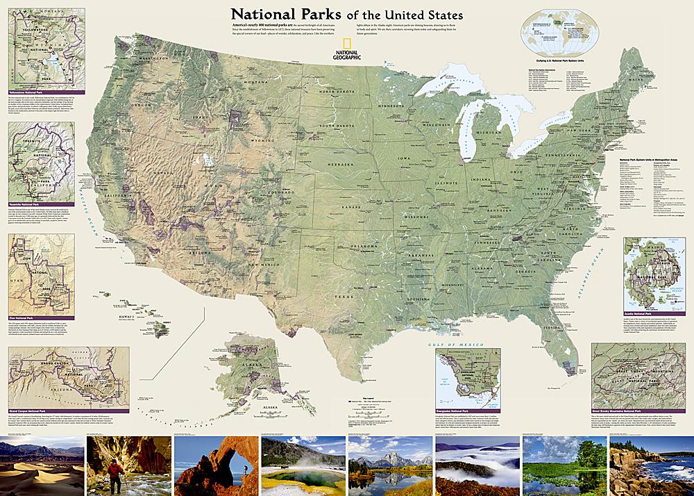 Carte murale (en anglais) - Parcs Nationaux des Etats Unis - 107 x 77 cm | National Geographic carte murale roulée (en tube) National Geographic Papier