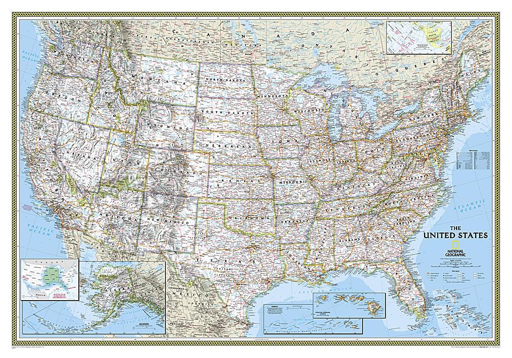 Carte murale (en anglais) - USA politique - 111 x 77 cm (format standard) | National Geographic carte murale roulée (en tube) National Geographic Papier
