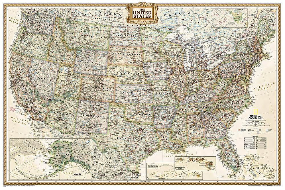 Carte murale (en anglais) - USA politique, style antique - 92 x 61 cm (format poster) | National Geographic carte murale roulée (en tube) National Geographic Plastifiée