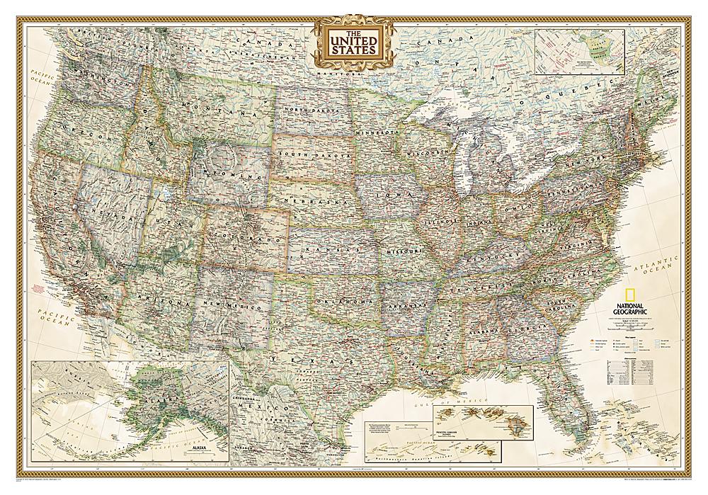 Carte murale (en anglais) - USA politique, style antique - 111 x 77 cm (format standard) | National Geographic carte murale roulée (en tube) National Geographic Papier