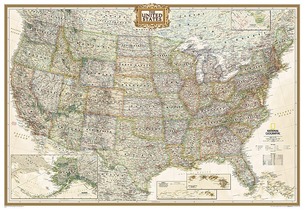 Carte murale (en anglais) - USA politique, style antique, grand format - 176 x 122 cm | National Geographic carte murale roulée (en tube) National Geographic Papier