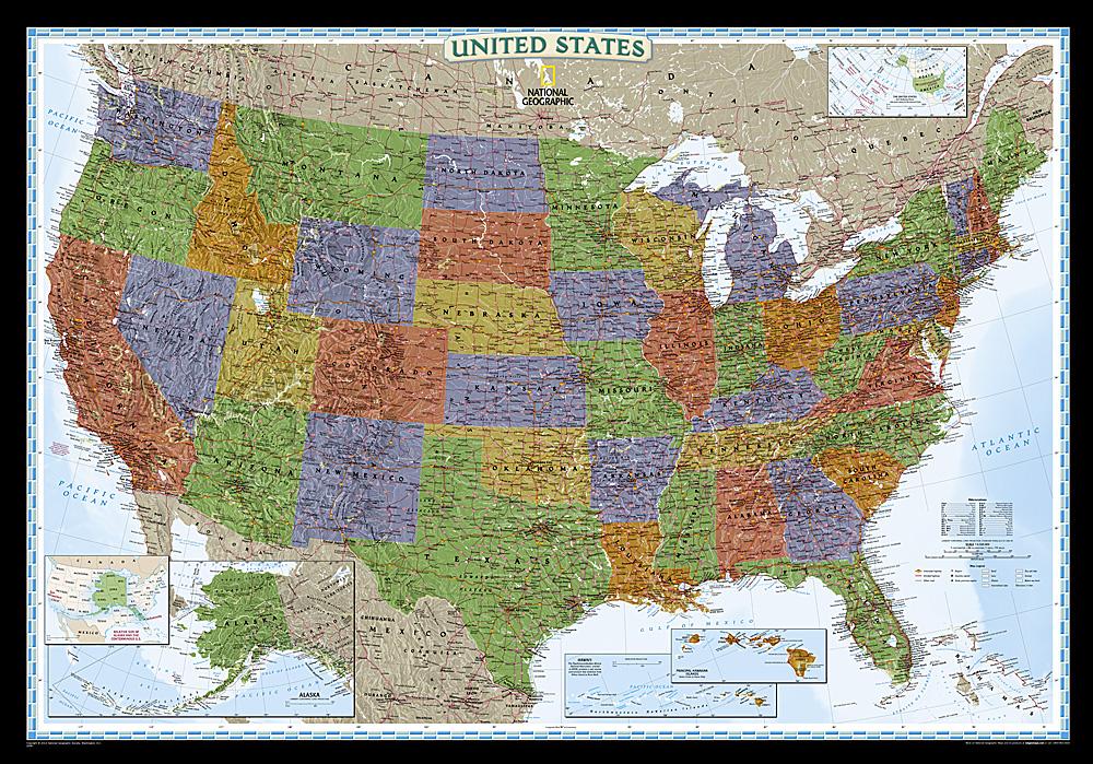 Carte murale (en anglais) - USA politique, style décoratif - 111 x 78 cm (format standard) | National Geographic carte murale roulée (en tube) National Geographic Plastifiée