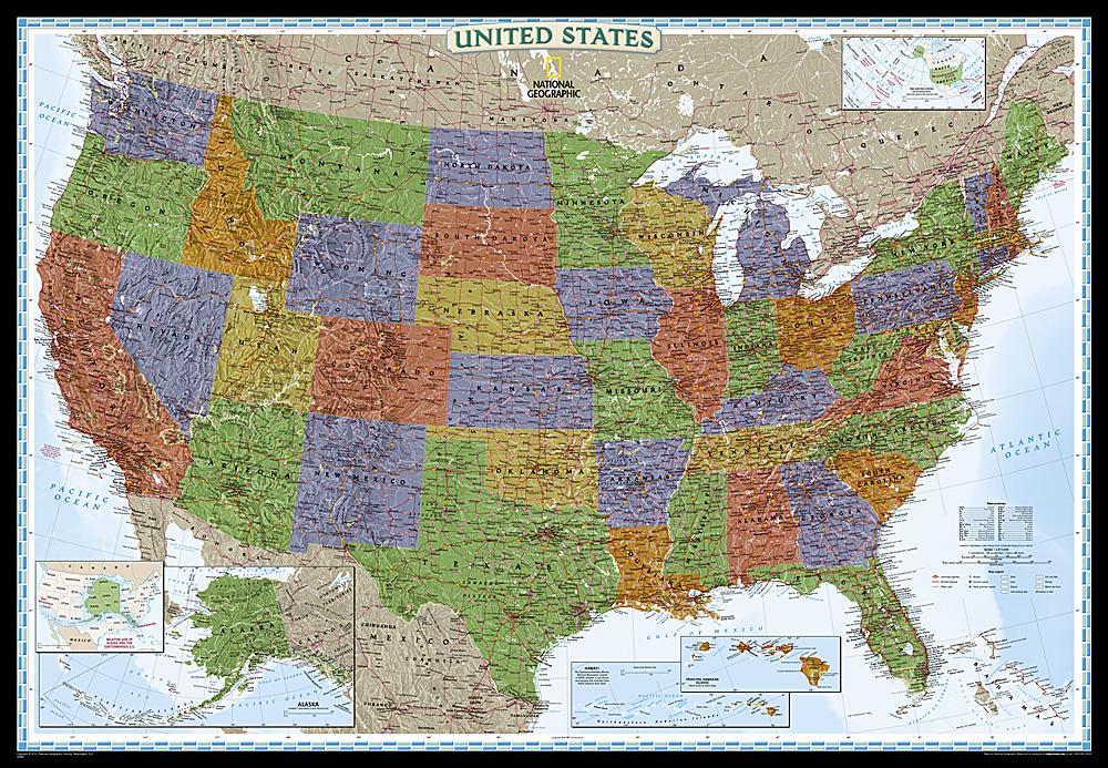 Carte murale (en anglais) - USA politique, style décoratif, grand format - 176 x 122 cm | National Geographic carte murale roulée (en tube) National Geographic Papier