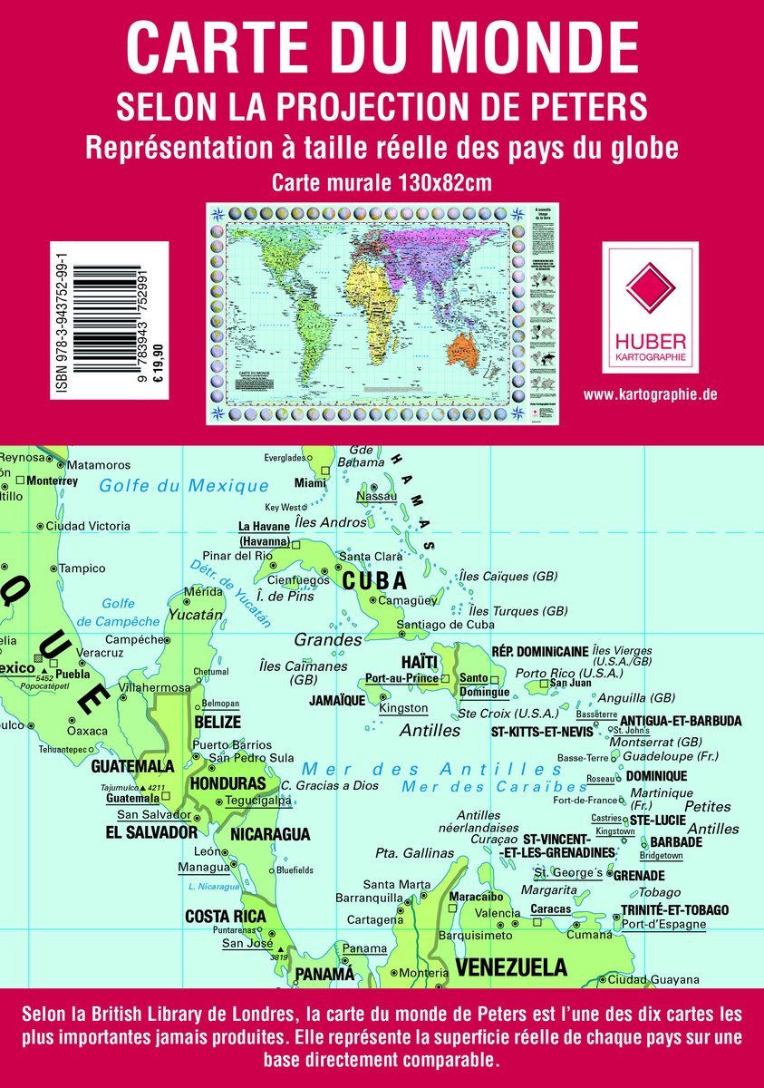 Carte murale (en français) - Le Monde politique, Projection de Gall-Peters (130 x 82 cm) | Huber carte murale roulée (en tube) Huber