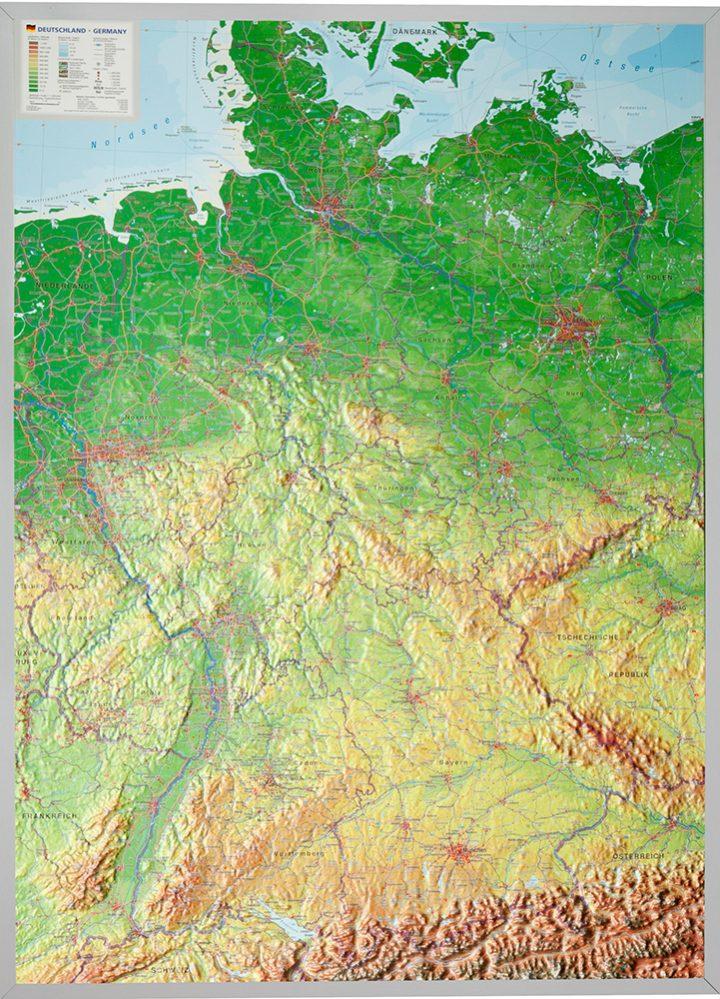 Carte murale en relief - Allemagne (en anglais) - 77 x 57 cm | Georelief carte en relief Georelief Avec cadre aluminium