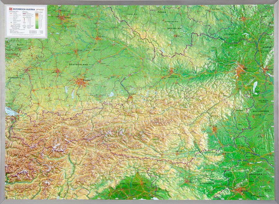 Carte murale en relief - Autriche (en anglais), avec cadre aluminium | Georelief carte relief Georelief 