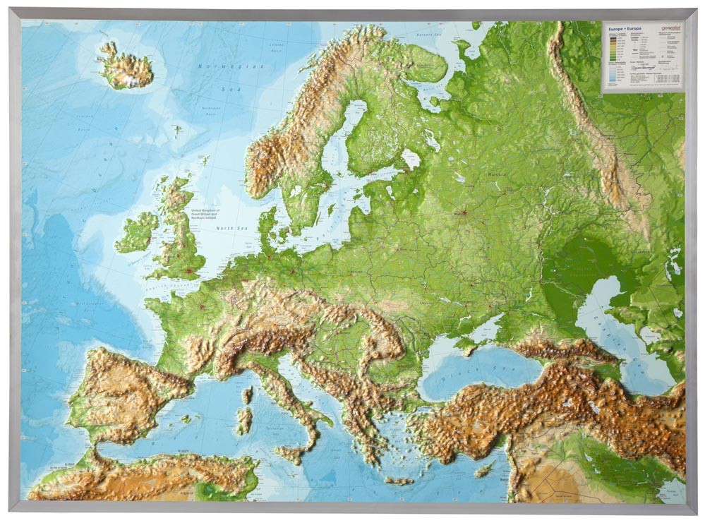 Carte murale en relief de l'Europe - 77 x 57 cm - en anglais | Georelief carte en relief Georelief Avec cadre alu