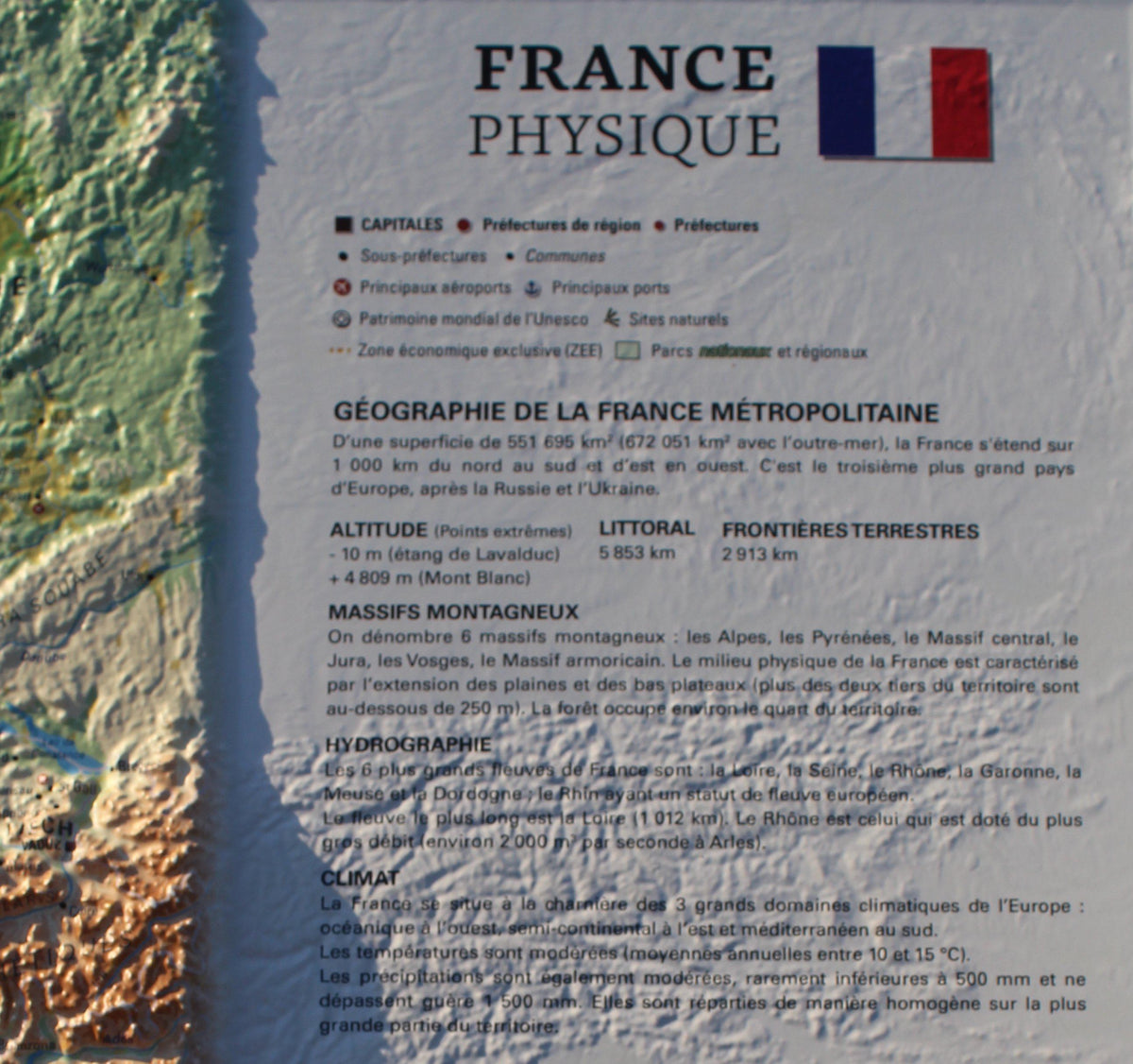 Relief map of France's physical landscape and seabed - 61 cm x 41 cm ...