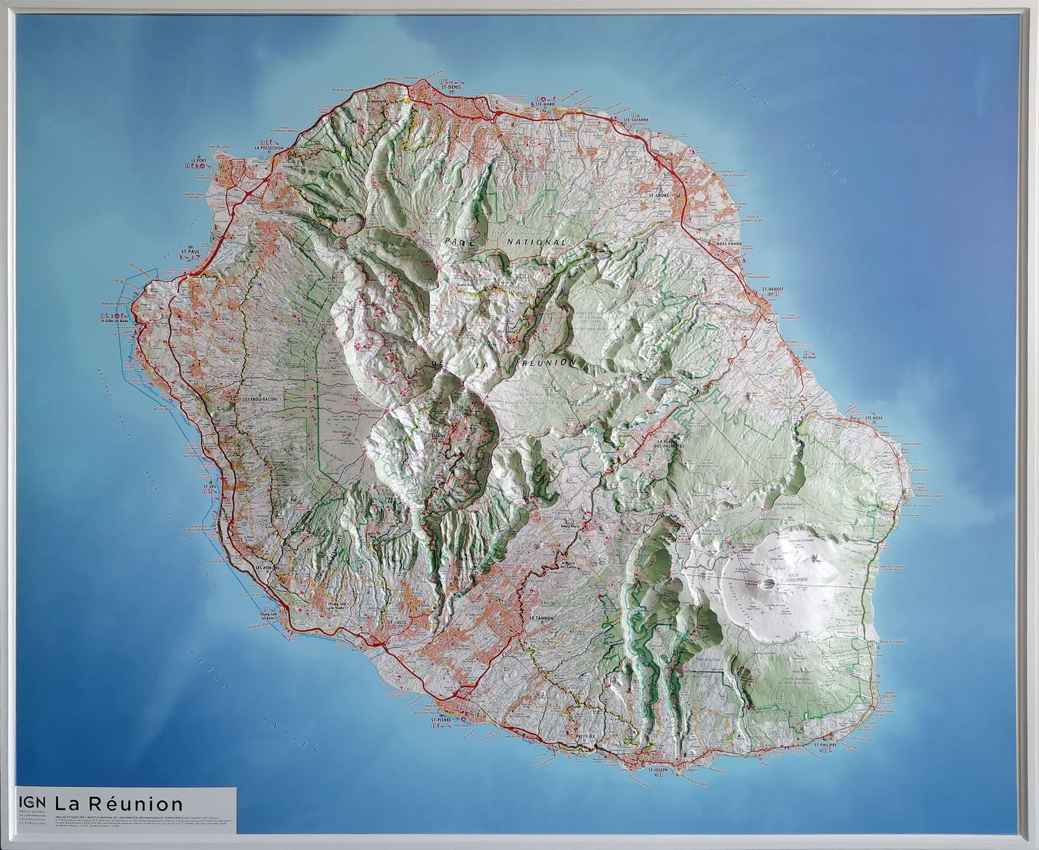 Carte murale en relief - Ile de la Réunion - 113 x 93 cm | IGN carte en relief IGN