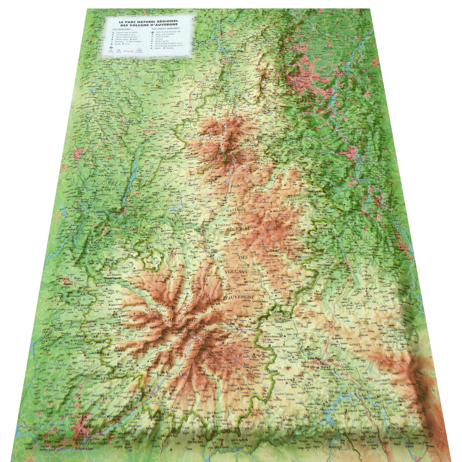 Carte murale en relief - Le Parc Naturel Régional des Volcans d'Auvergne - 41 cm x 61 cm | 3D Map carte en relief 3D Map
