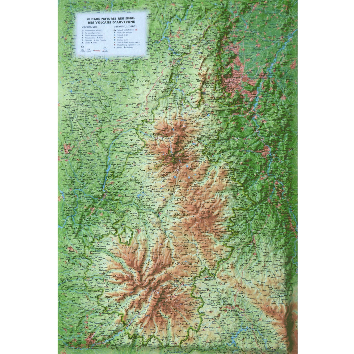 Carte murale en relief - Le Parc Naturel Régional des Volcans d'Auvergne - 41 cm x 61 cm | 3D Map carte en relief 3D Map