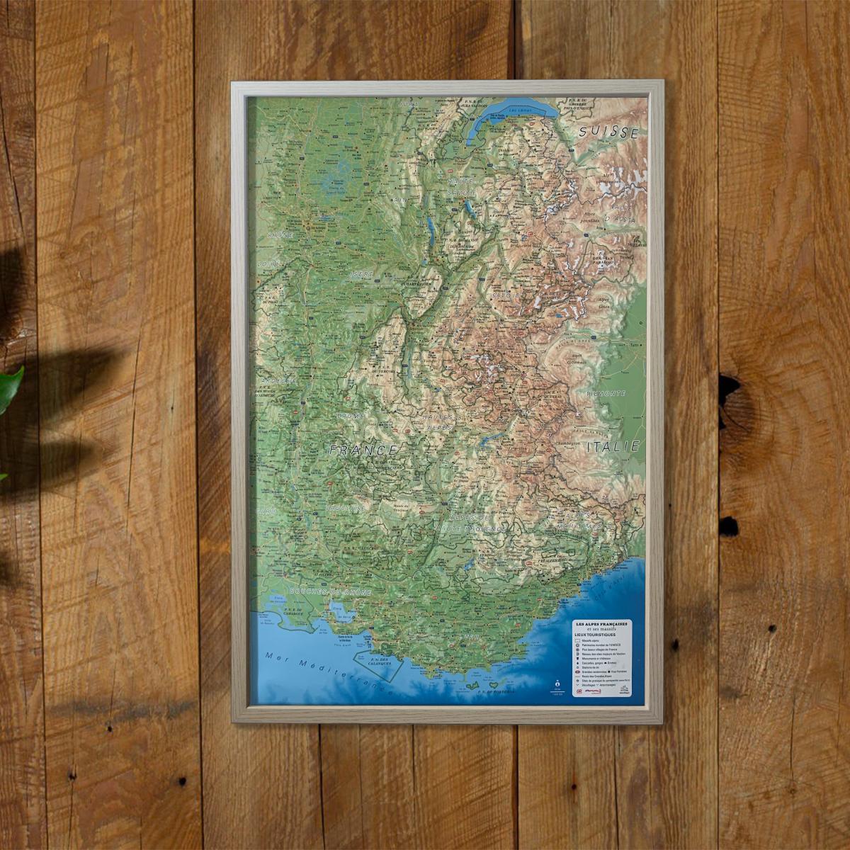Carte murale en relief - Les Alpes Françaises et ses massifs alpins - 41 cm x 61 cm | 3D Map carte en relief 3D Map