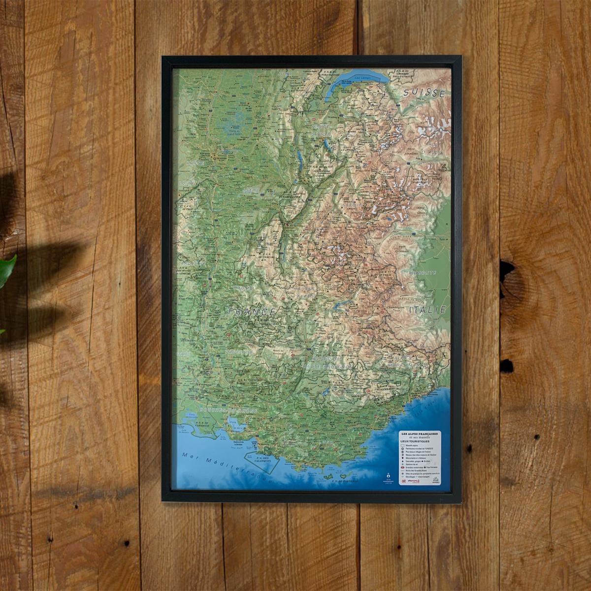 Carte murale en relief - Les Alpes Françaises et ses massifs alpins - 41 cm x 61 cm | 3D Map carte en relief 3D Map