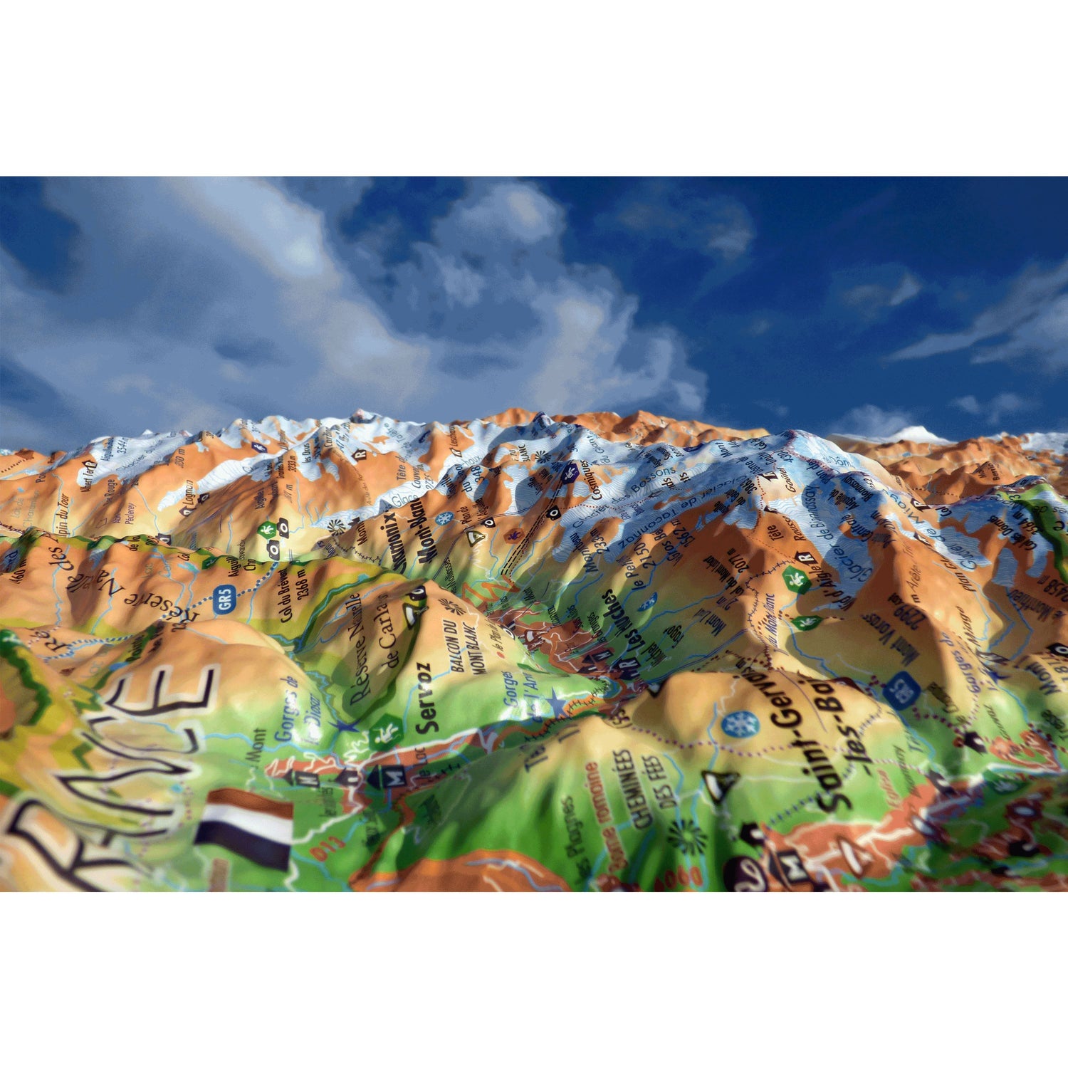 Carte murale en relief - Massif du Mont Blanc - 41 cm x 61 cm | 3D Map carte en relief 3D Map