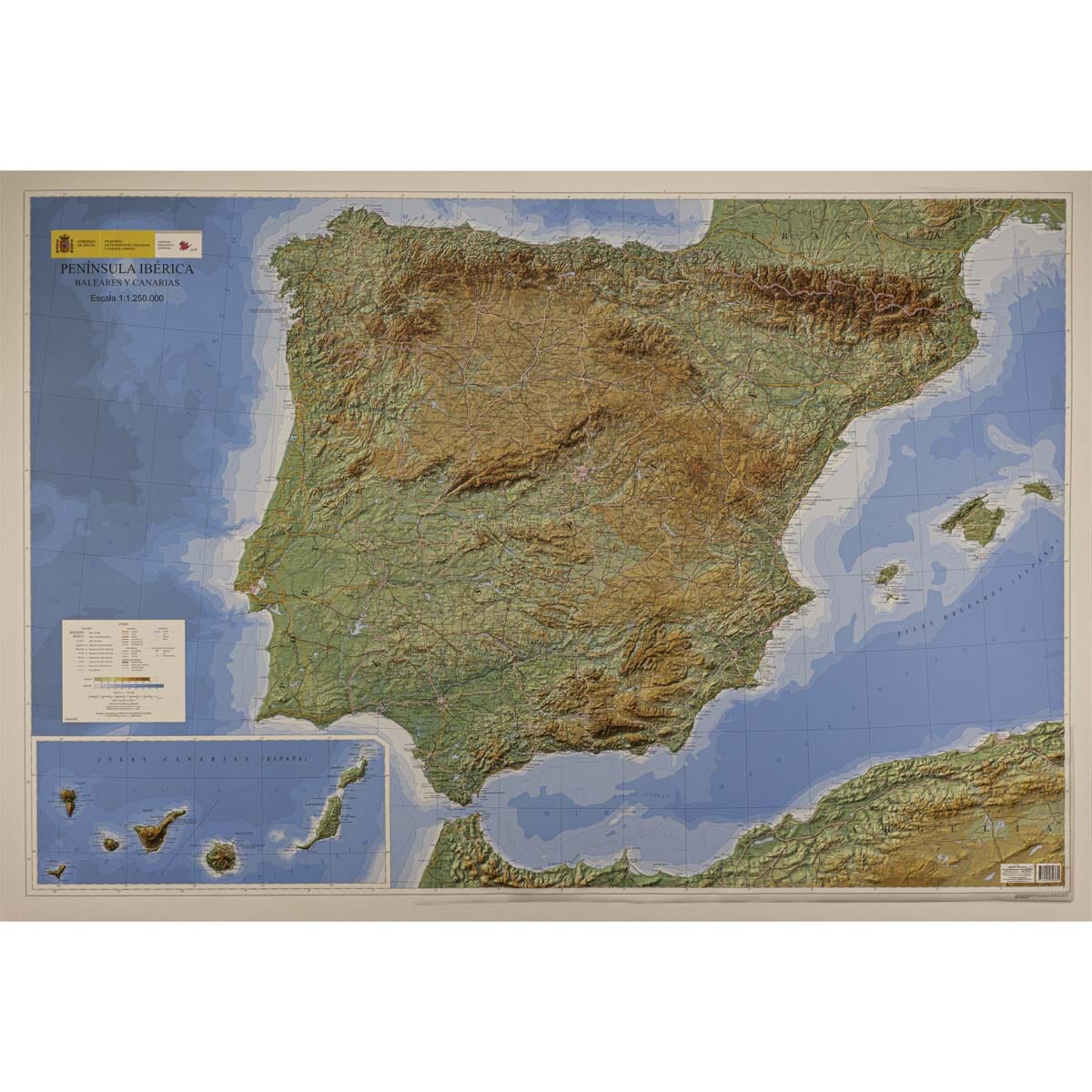Carte murale en relief - Péninsule ibérique, Baléares & Canaries - 127 x 88 cm | CNIG carte en relief CNIG