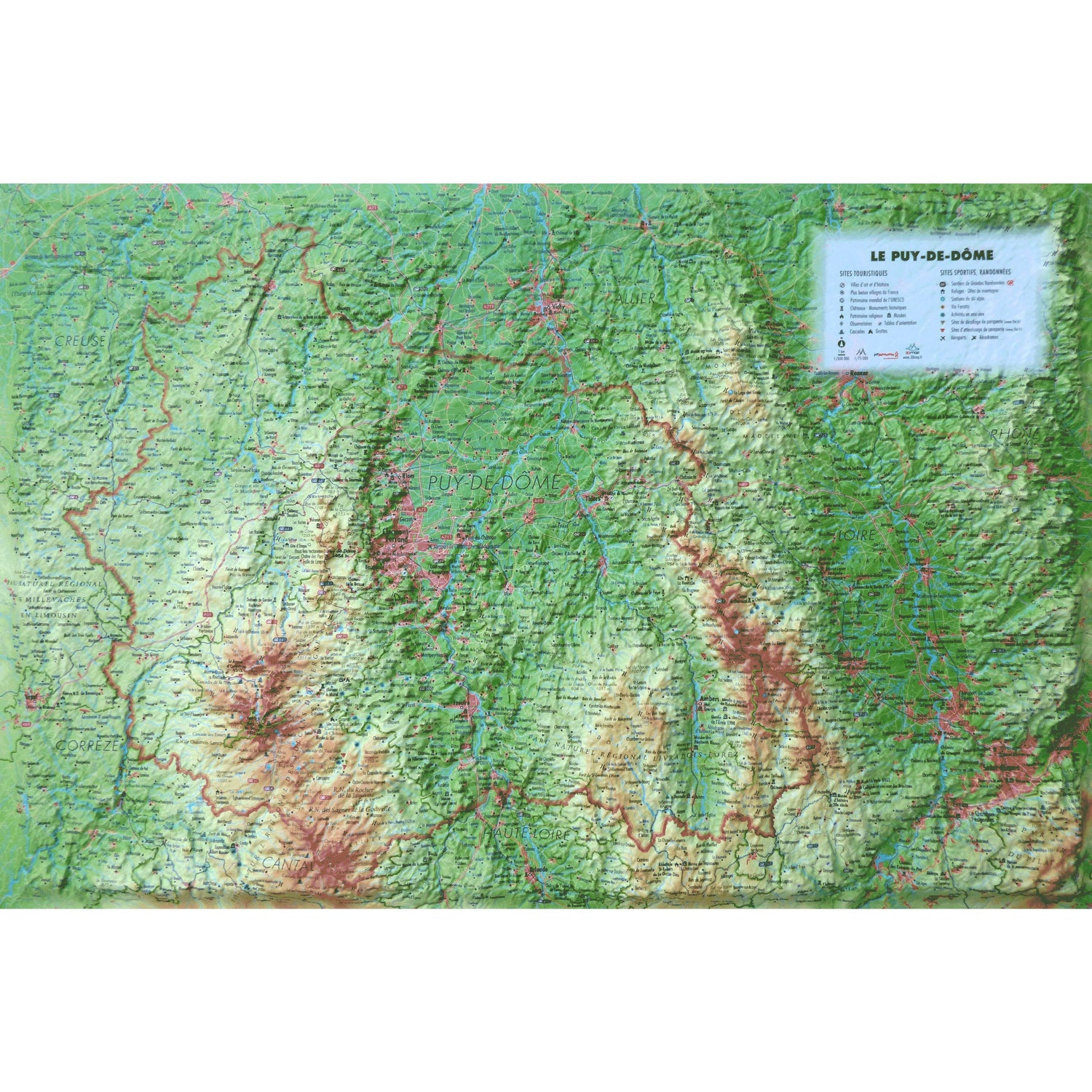 Carte murale en relief - Puy de Dôme - 61 cm x 41 cm | 3D Map carte en relief 3D Map