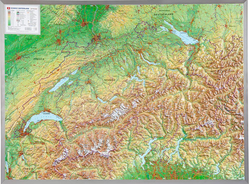 Carte murale en relief - Suisse (trilingue) - 77 x 57 cm | Georelief carte en relief Georelief Avec cadre aluminium