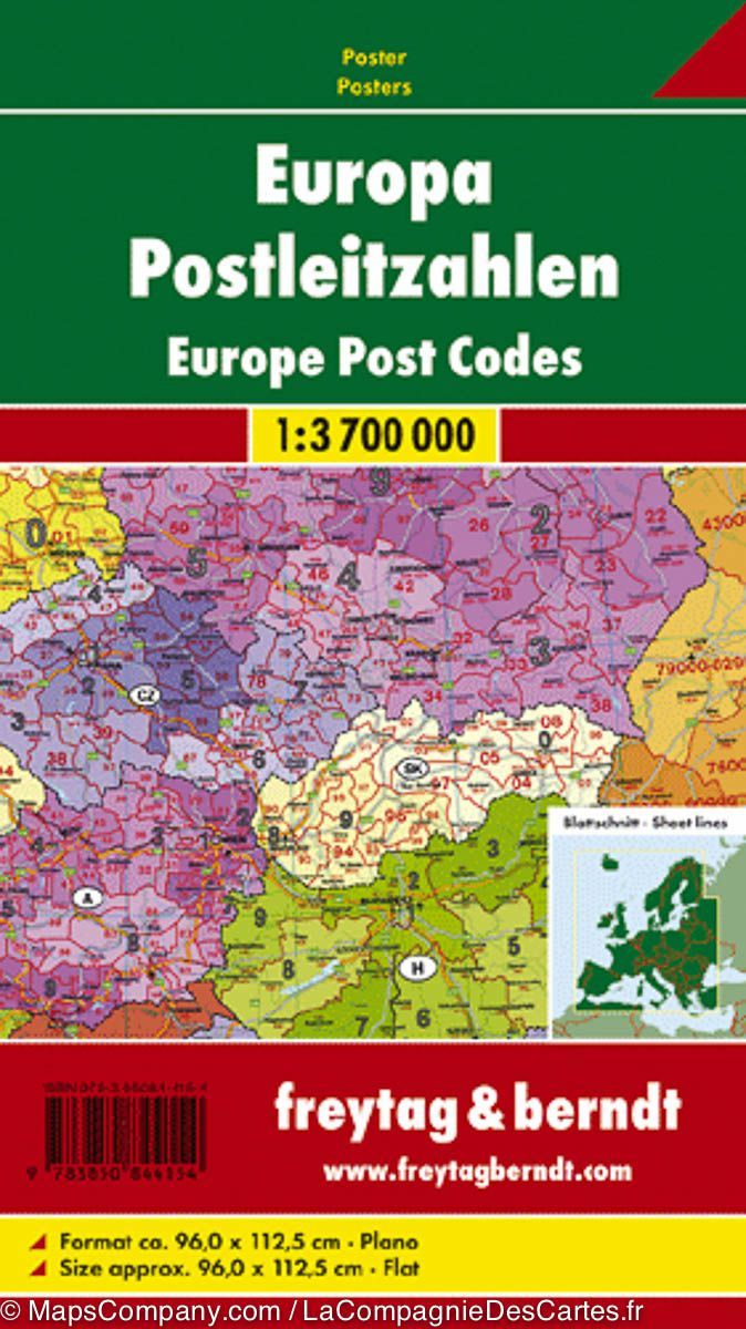 Carte murale - Europe (codes postaux) - 96 x 113 cm | Freytag & Berndt carte murale roulée (en tube) Freytag & Berndt