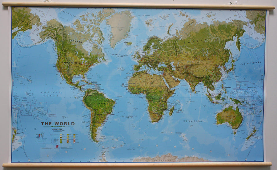 Carte murale géante plastifiée (en anglais) - Monde environnemental - 198 x 123 cm, avec lattes de maintien en bois | Maps International carte murale grand tube Maps International 