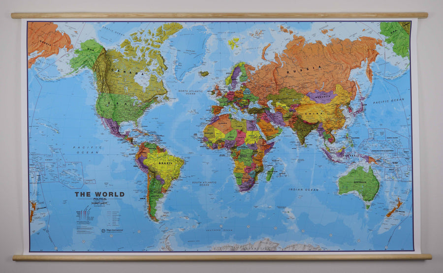 Carte murale géante plastifiée (en anglais) - Monde politique - 197 x 117 cm, avec lattes de maintien en bois | Maps International carte murale grand tube Maps International 