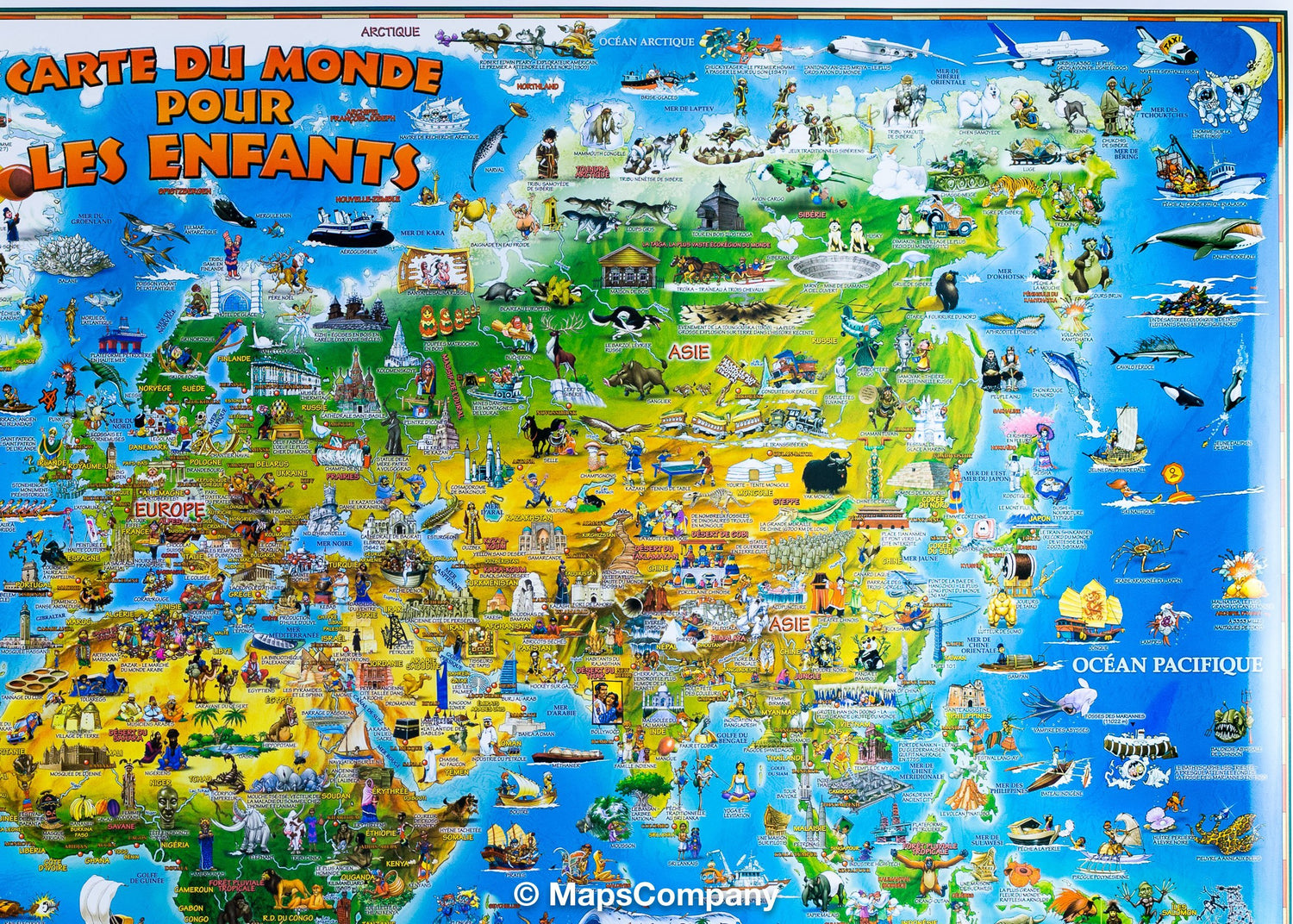 Carte murale illustrée pour enfants (plastifiée) - Le Monde - 137 x 100 cm | Dino carte murale roulée (en tube) Dino's Maps