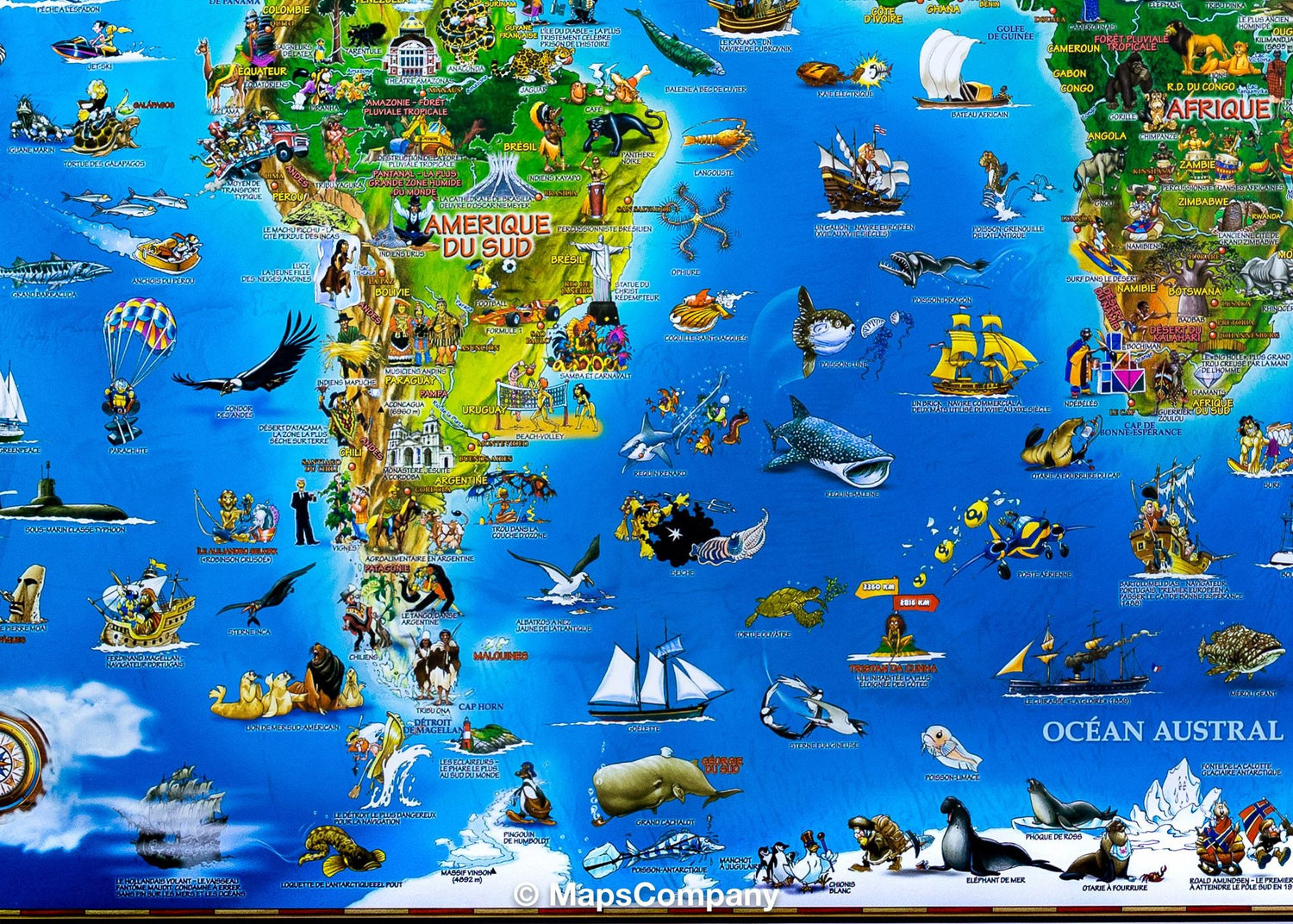 Carte murale illustrée pour enfants (plastifiée) - Le Monde - 137 x 100 cm | Dino carte murale roulée (en tube) Dino's Maps