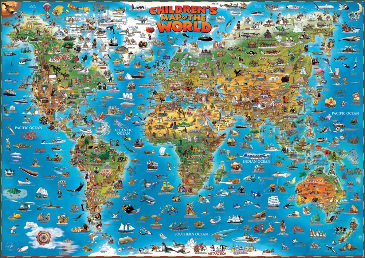 Carte murale illustrée pour enfants (plastifiée) - Le Monde - 137 x 100 cm (en anglais) | Dino carte murale roulée (en tube) Dino's Maps
