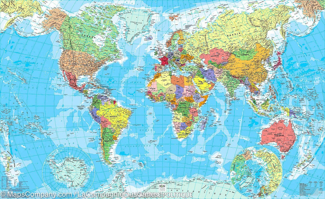 Carte murale papier - Monde politique (en français) - 100 x 61,5 cm | IGN - La Compagnie des Cartes