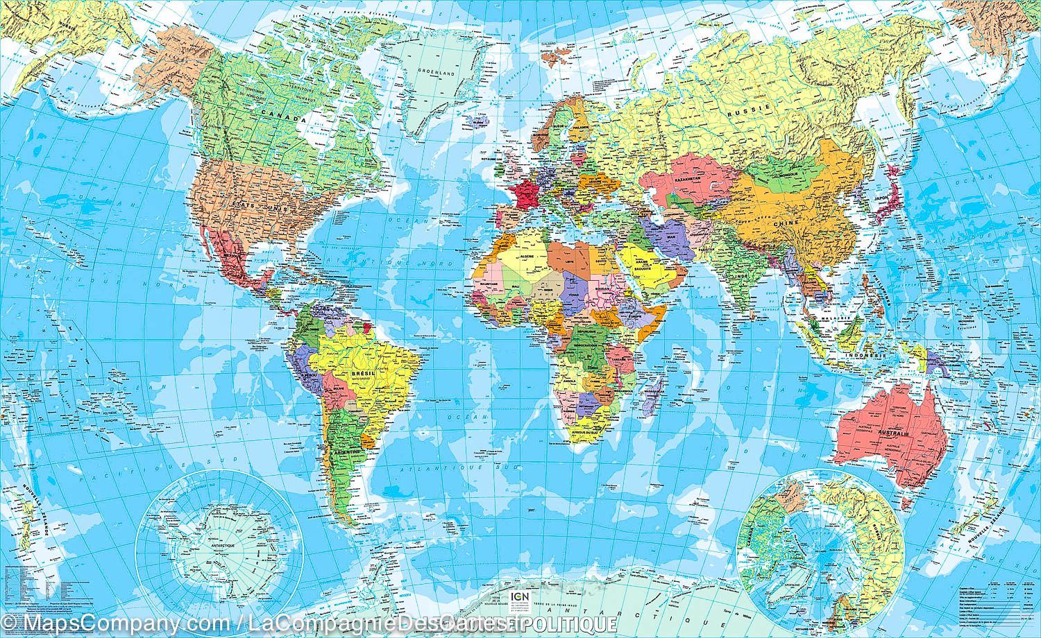 Carte murale - Monde politique - 1/40M (100 x 61,5 cm) | IGN carte murale roulée (en tube) IGN