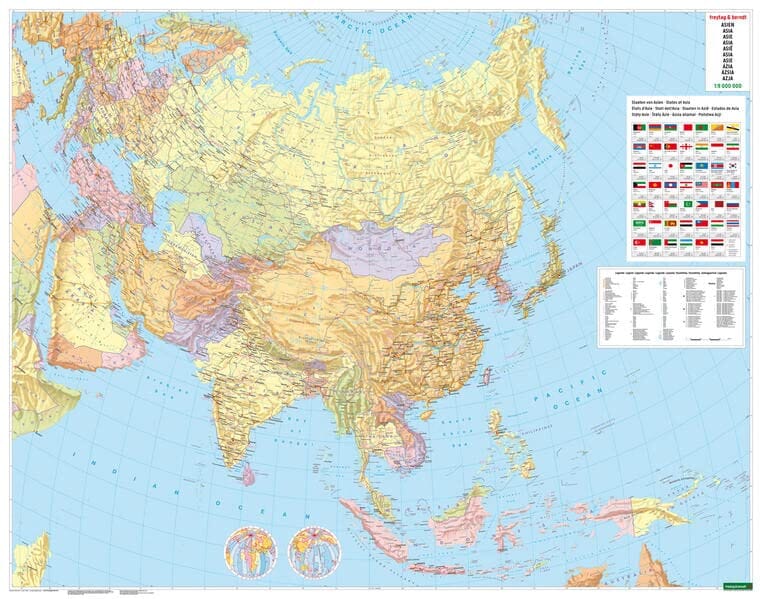 Carte murale plastifiée avec lattes de maintien en bois - Asie (Politique et Physique) - 154 x 120 cm | Freytag & Berndt carte murale roulée (en tube) Freytag & Berndt