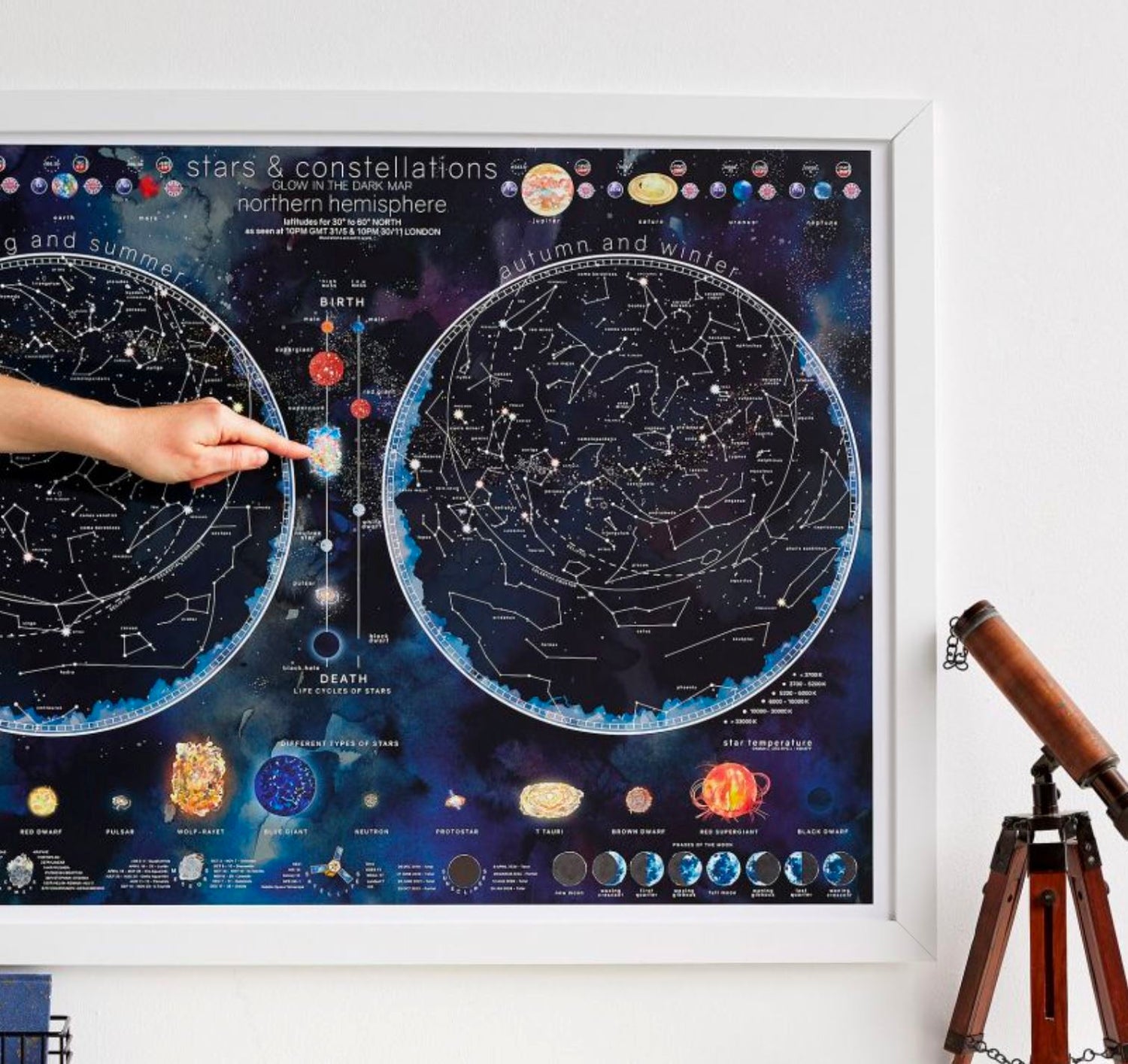 Carte murale phosphorescente pour enfants - Le ciel, en anglais (85 x 60 cm) | Maps International carte murale roulée (en tube) Maps International