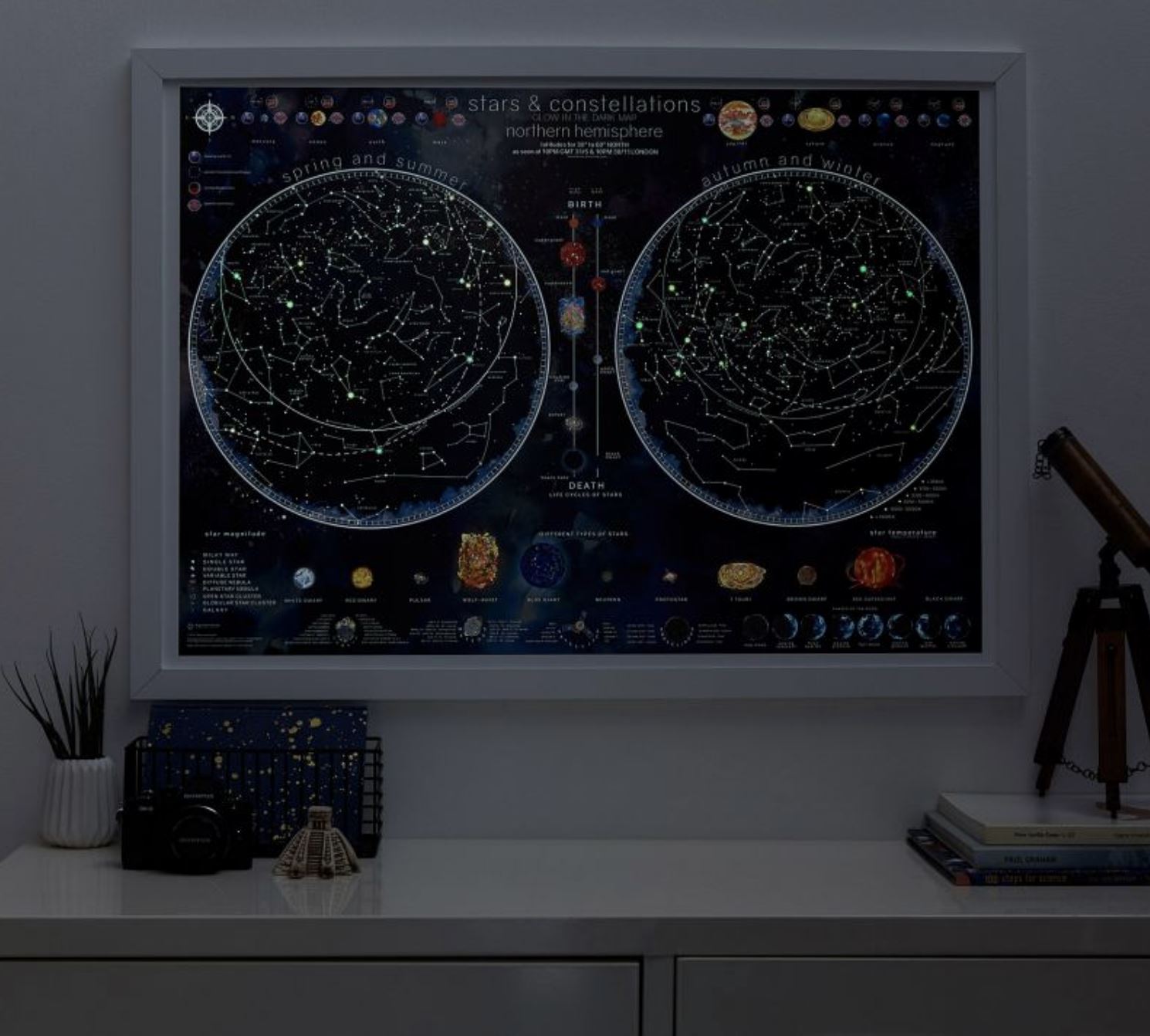 Carte murale phosphorescente pour enfants - Le ciel, en anglais (85 x 60 cm) | Maps International carte murale roulée (en tube) Maps International